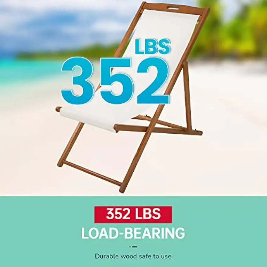 Beach sling patio chair for relaxing foldable with adjustable height made from eucalyptus wood white polyester,khaki