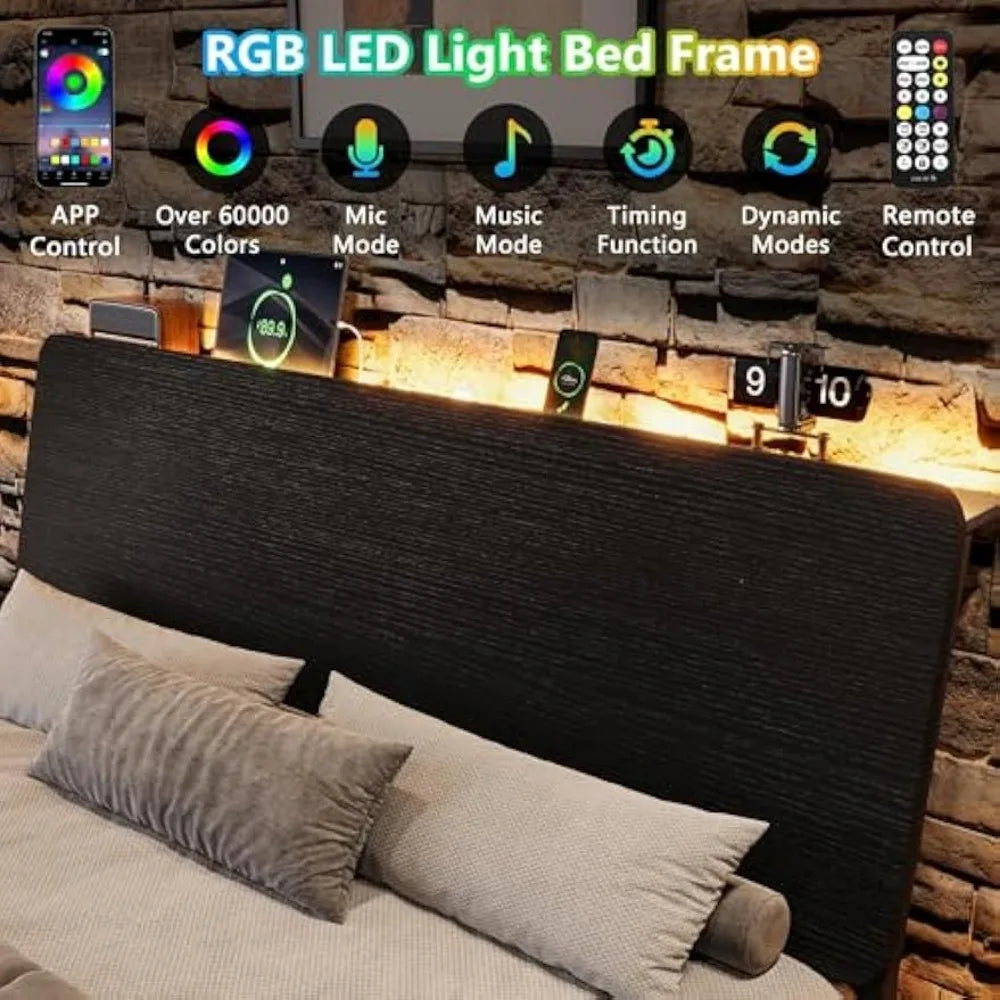 Queen size metal bed frame with led lights & charging station ergonomic platform wooden storage headboard heavy-duty