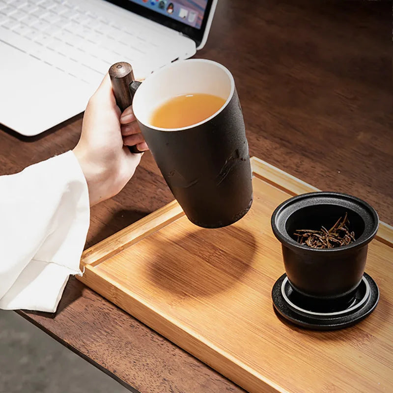 Ceramic mugs retro tea cup luxury large capacity with cover wooden handle office thermal mug personalized gifts home