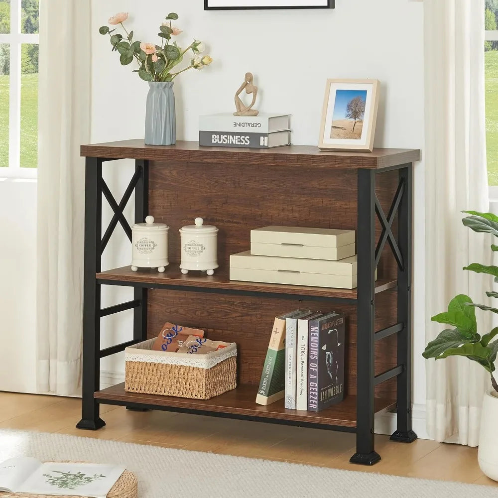 Hombazaar book shelf,3 tier small bookshelf with metal frame and backboard,rustic brown deep bookcase engineered wood