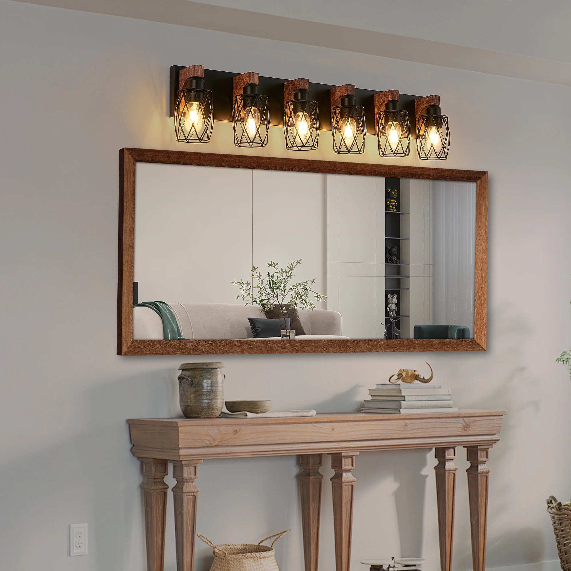 38’’ industrial vintage 6-light wall sconce - black cage lighting fixture with wooden accents - united states / 100-300w