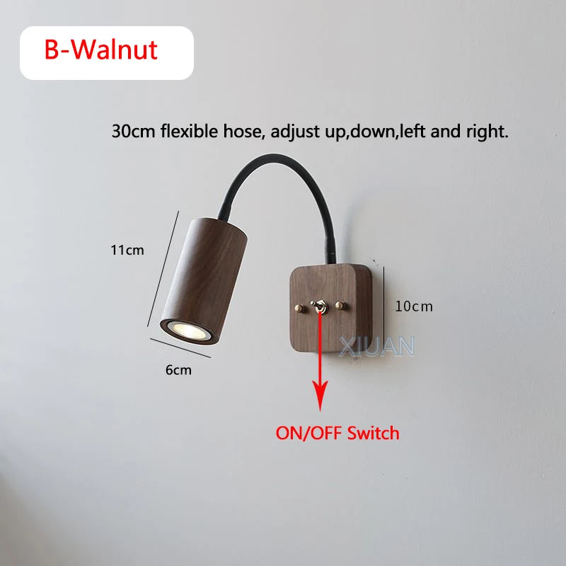 Vintage retro walnut wood color wall lights 360 degree rotatable lamp arm japanese bedroom bedside reading with switch