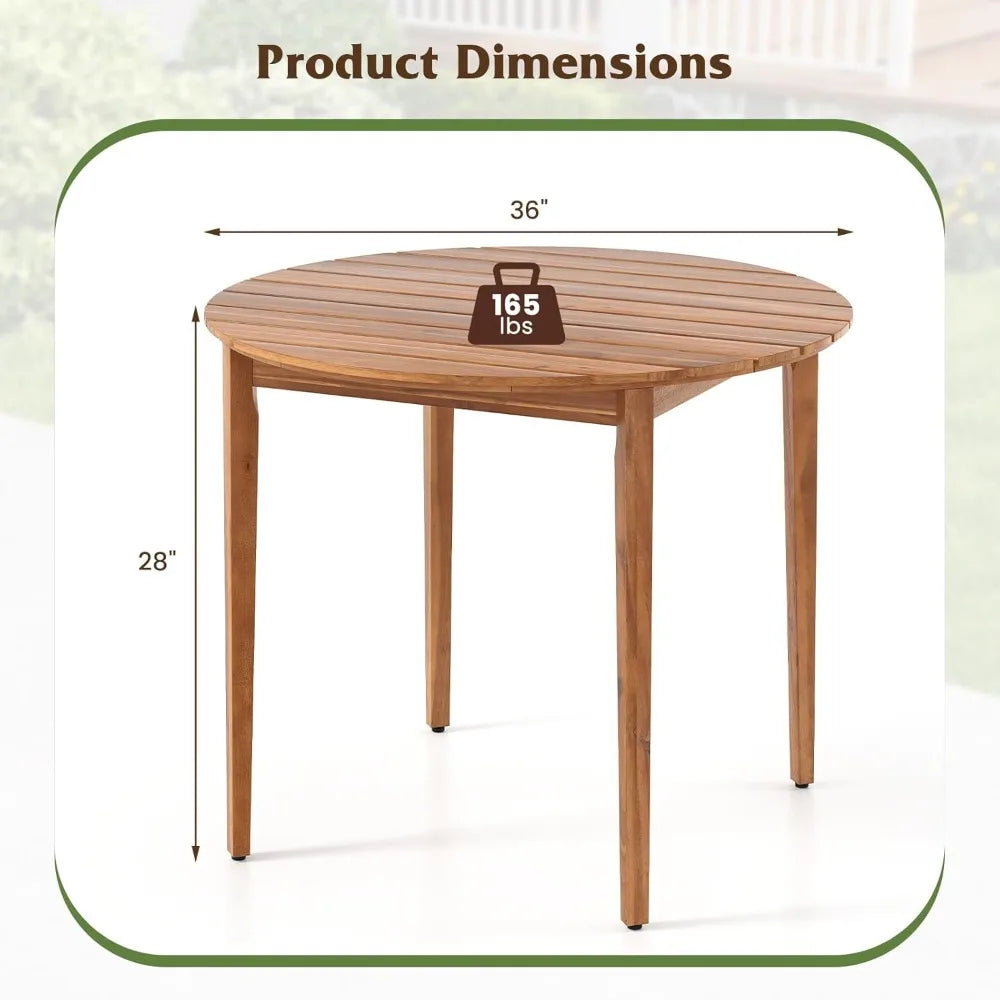 Round outdoor dining table for 4 people 36 inch acacia wood patio with slatted tabletop indoor farmhous - natural
