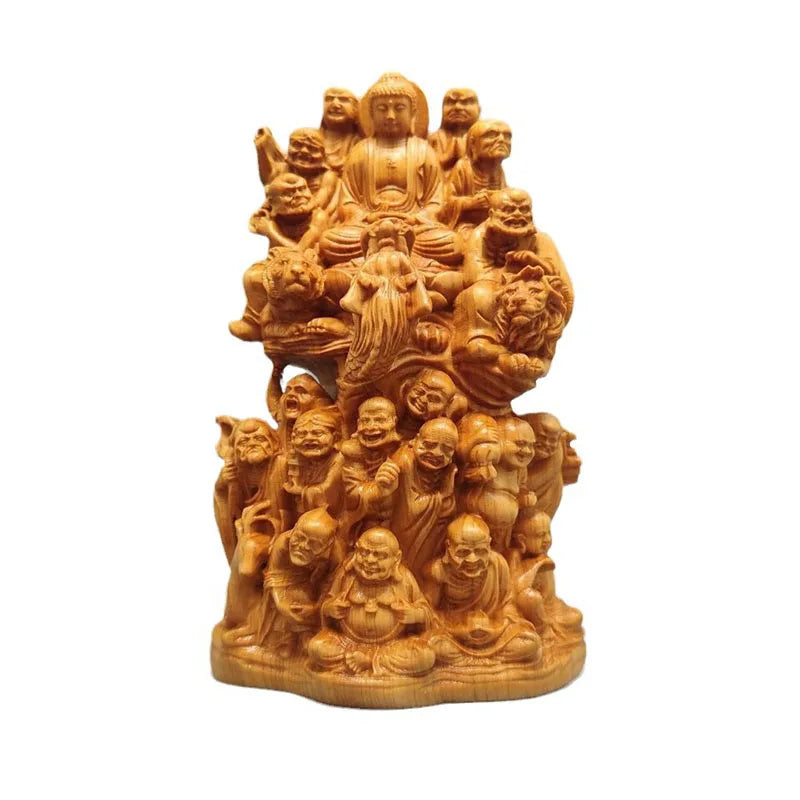 Wooden eighteen arhats buddha statue solid wood carving figure home room office desktop feng shui 13-16cm - 13cm