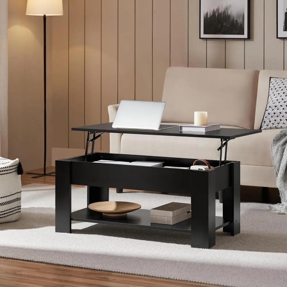 Wooden lift-top coffee table with spacious storage and dining functionality for living rooms - united states / black