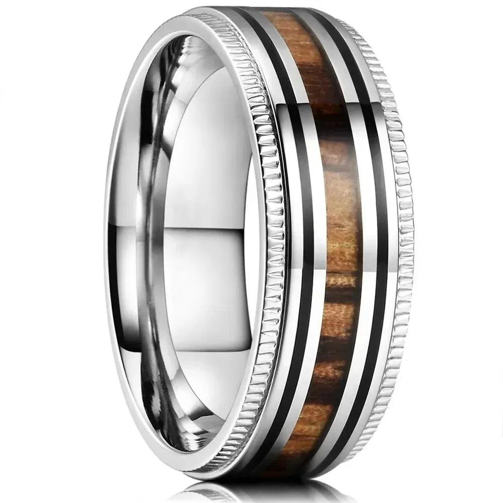 8mm men’s koa wood inlay stainless steel ring unique silver meteorite rings for gift luxury party wedding band jewelry