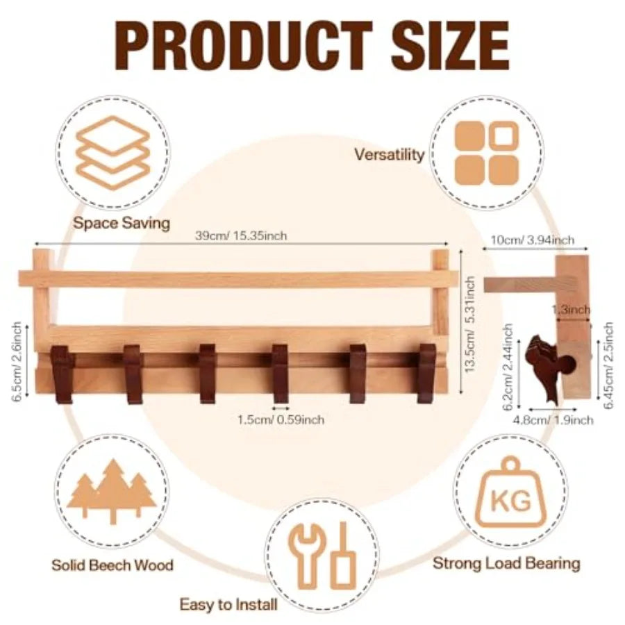 Wood wall mounted coat rack with shelf beech wooden sliding hook track 15’’ long 6 unique woodpecker shaped hooks