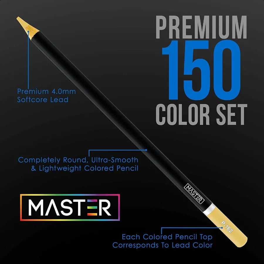 Master 150 colored pencil mega set with premium soft thick core vibrant color leads in tin storage box profional