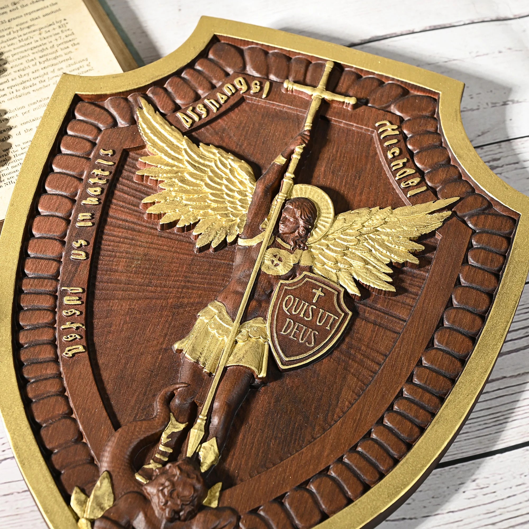 Shield of saint michael’s family wall hanging religious statue wood carving home decoration - religious (christian)