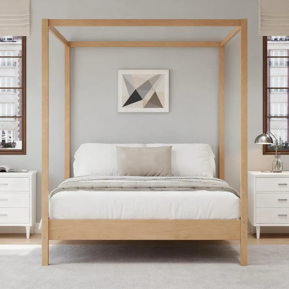 Queen size solid wood four poster canopy bed frame with platform slats support - light natural / united states
