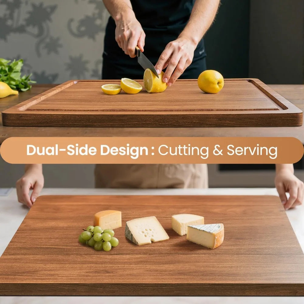 Acacia wood cutting board for kitchen,20x15x1.2 inch butcher block with juice grooves and side handles large
