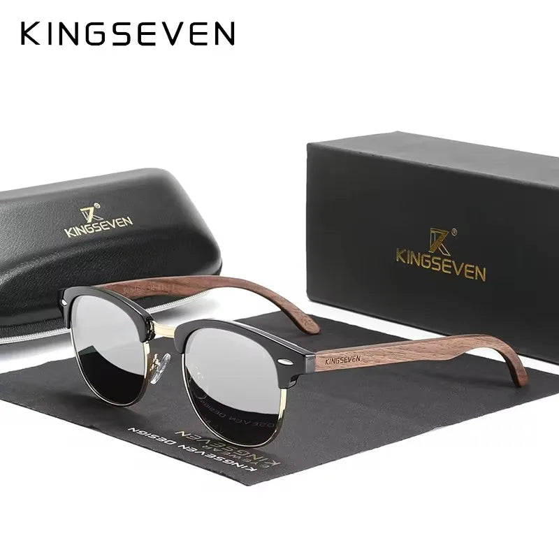 Kingseven trendy vintage handmade black walnut wood sunglasses men women polarized glasses male uv400 shades oculos