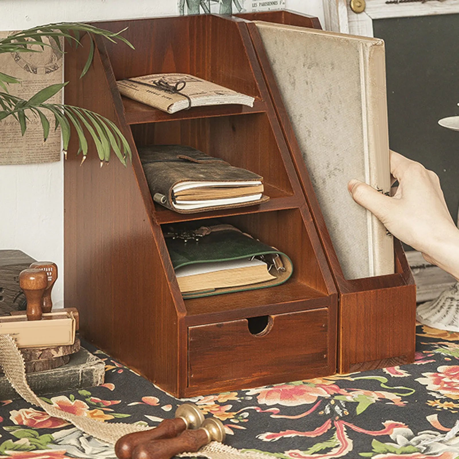 Office desk vintage wooden organizer rustic sturdy retro portable rack stationery box for countertop drawer school