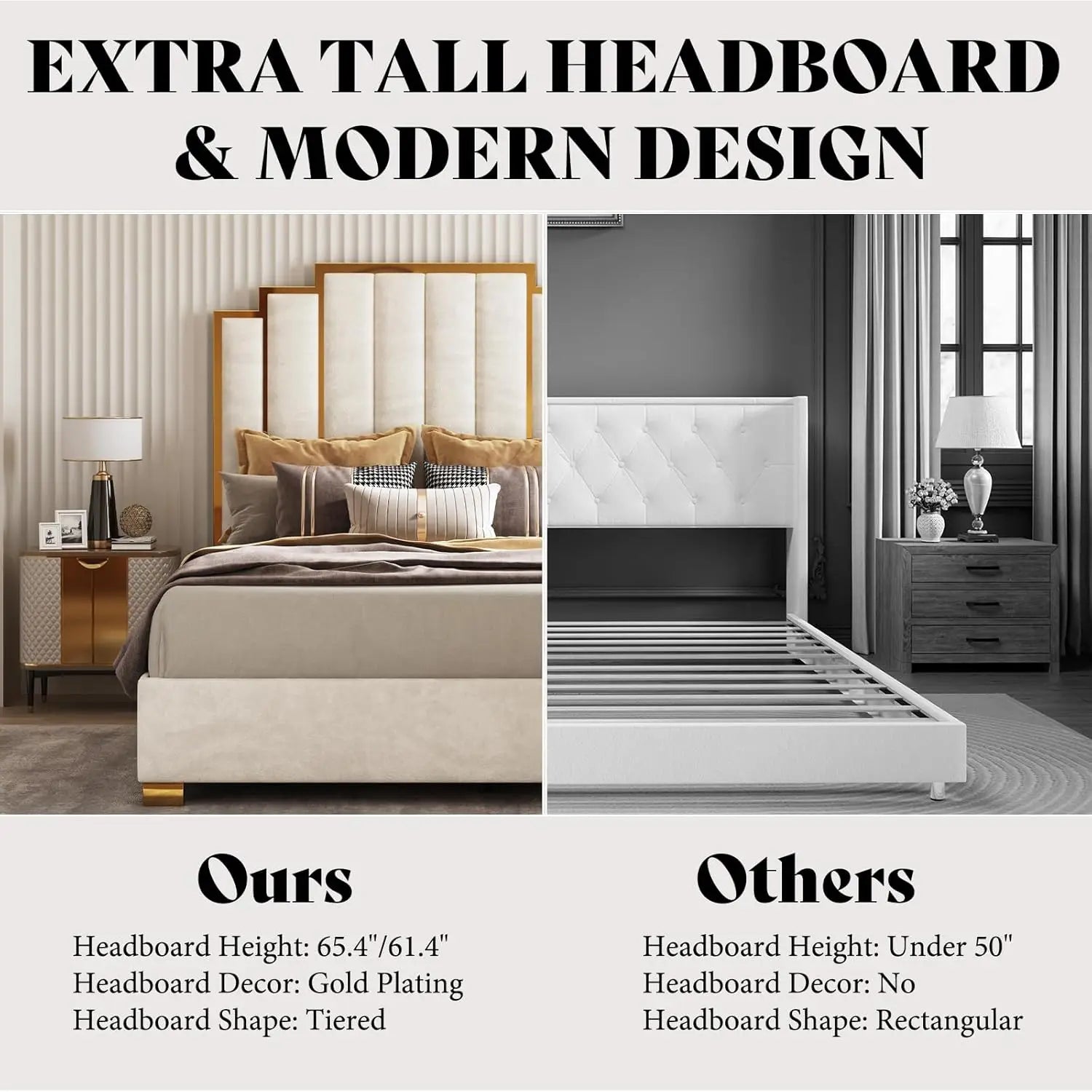 Upholstered bed modern velvet frame with 61.4\u201d tall gold trim headboard no box spring needed cream - queenblack