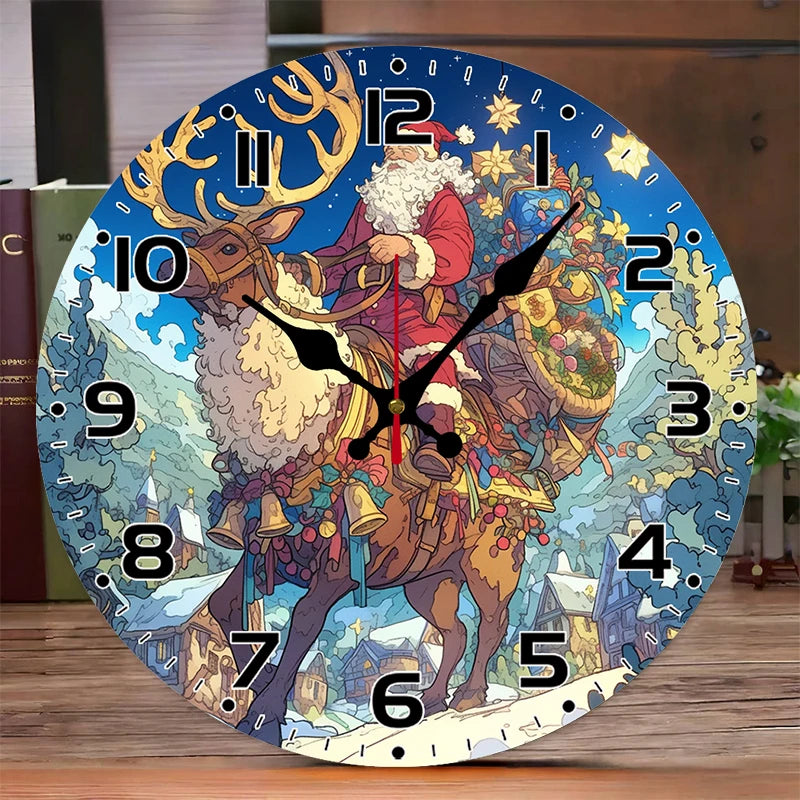 Santa reindeer wooden round silent hanging wall clock suitable for living room office study bedroom home decoration
