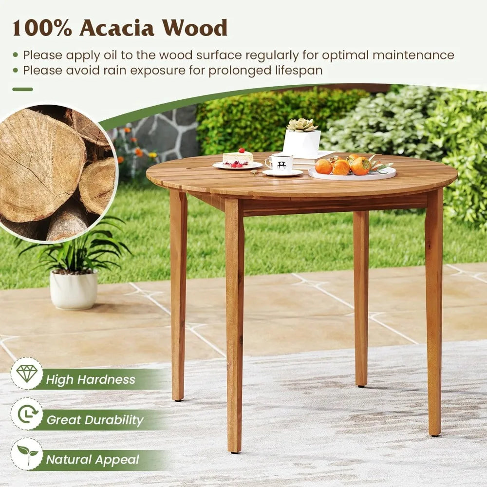 Round outdoor dining table for 4 people 36 inch acacia wood patio with slatted tabletop indoor farmhous - natural