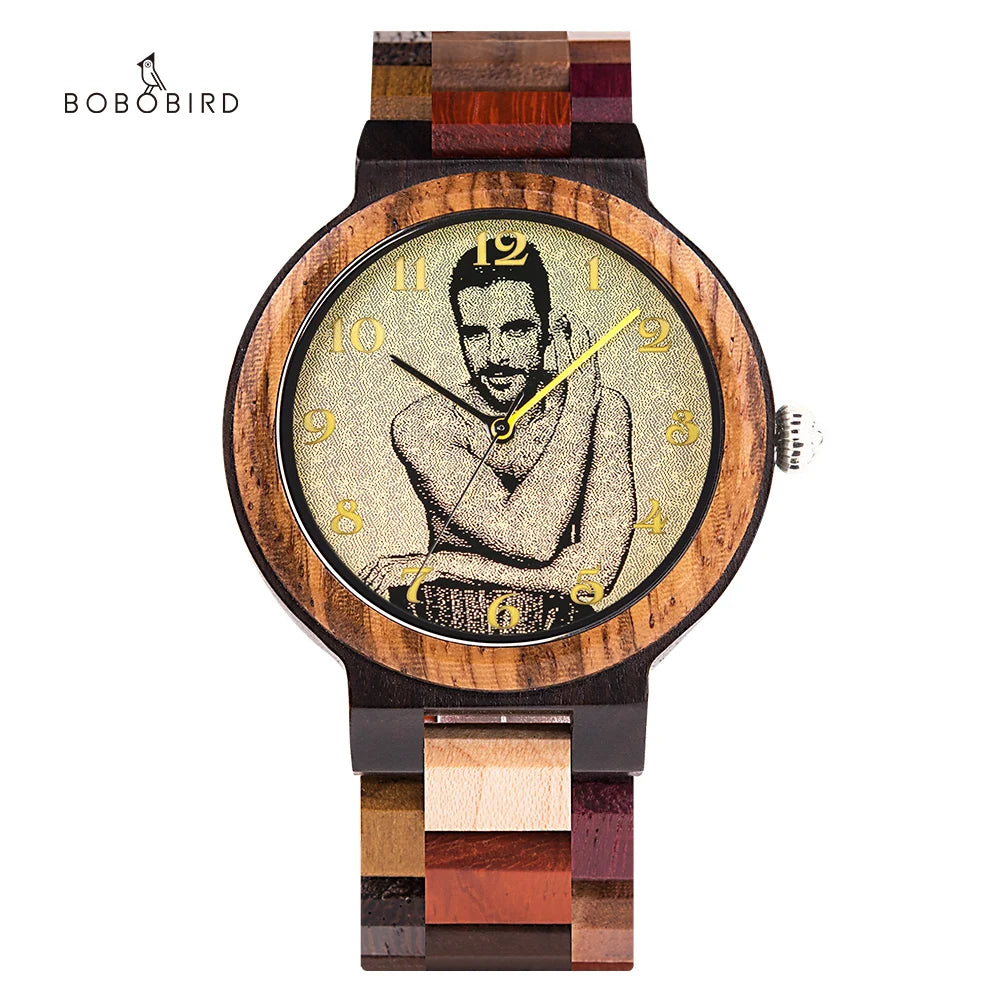Bobo bird custom wooden watch personalized photo couple fashion casual gift for him anniversary present support