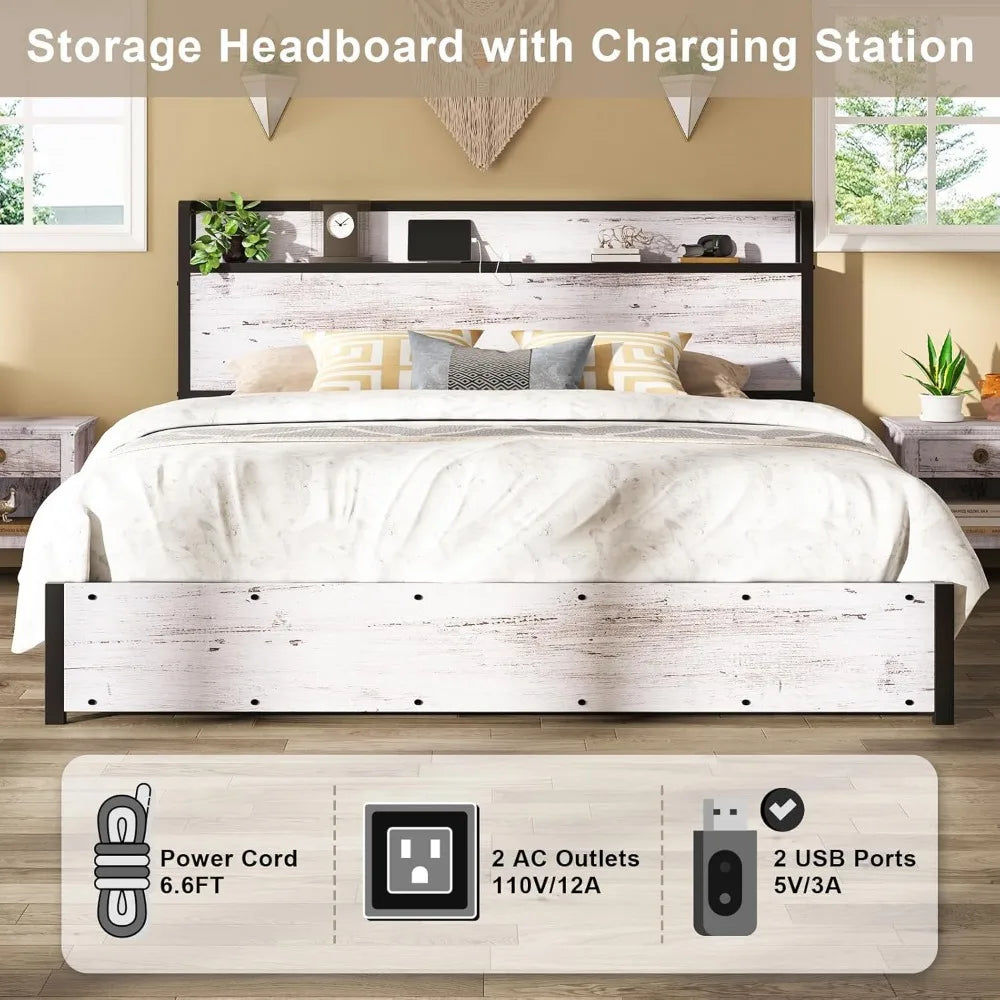 King size wooden bed frame with lift-up storage and charging station platform without spring box - united states