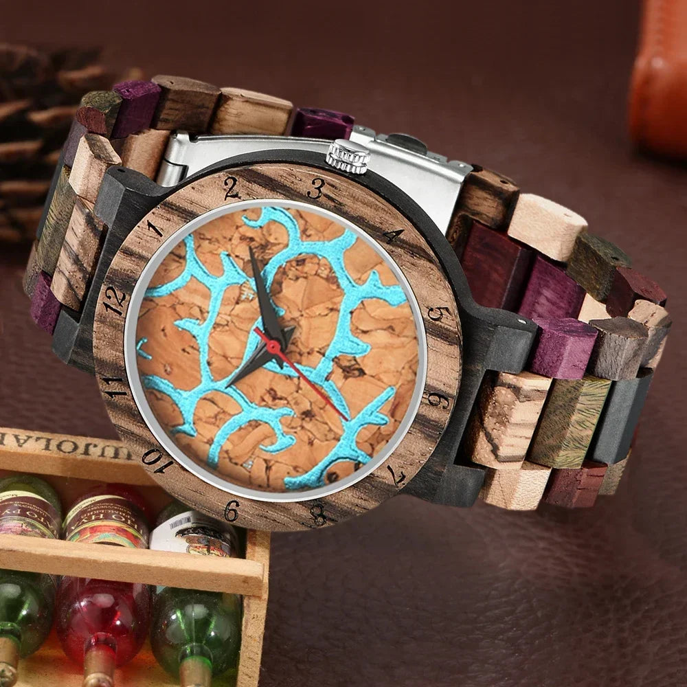 Artisan color-block mysterious wooden disc watch lightweight multicolor strap sophisticated gift for men