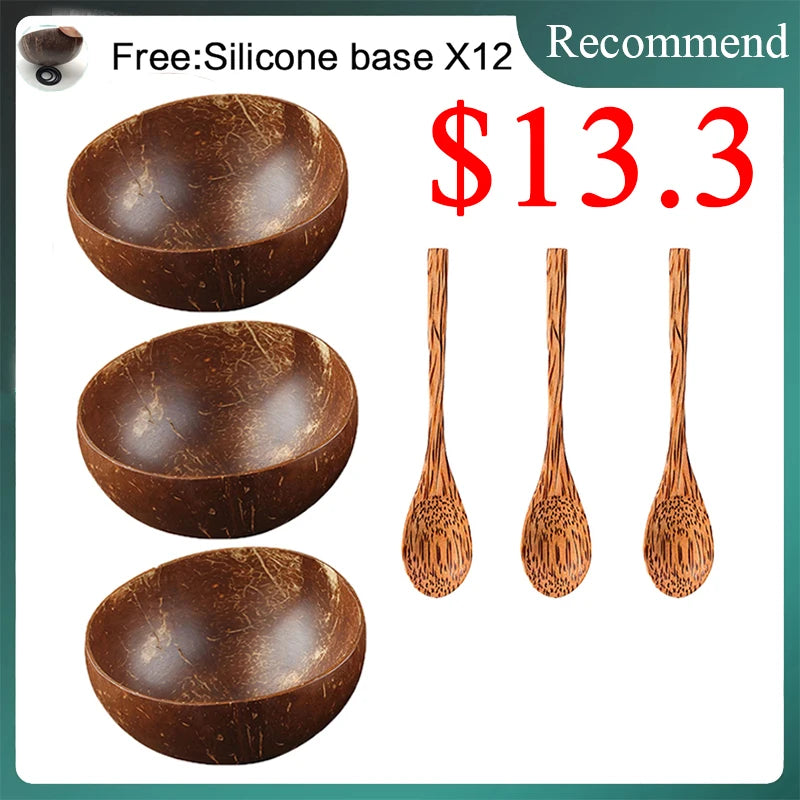 Coconut bowl set natural handmade shell tableware wood spoon dessert fruit salad mixing rice ramen wooden bamboo - 3