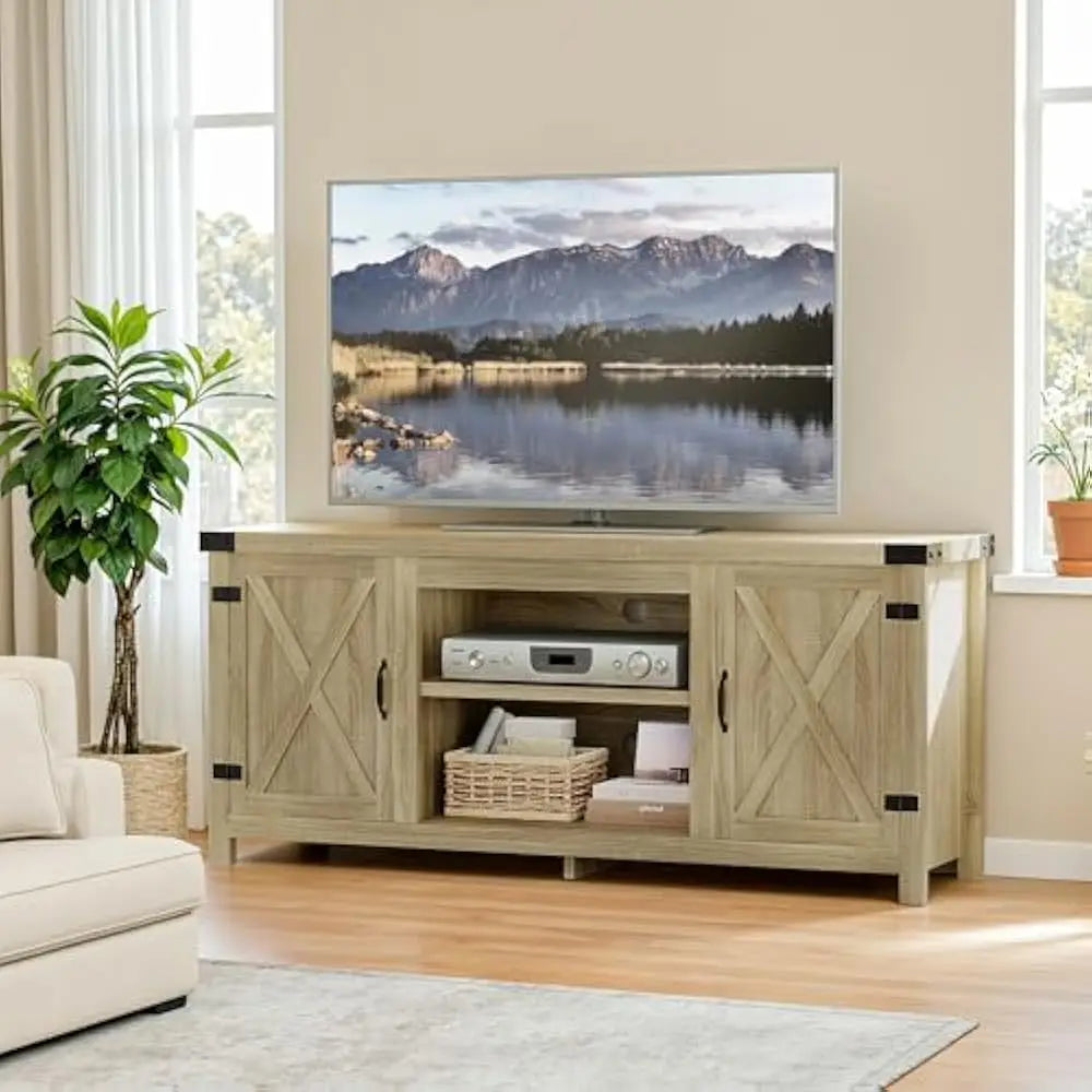 Tv stand with two barn doors and storage cabinets for televisions up to 65+ inch,entertainment center console table