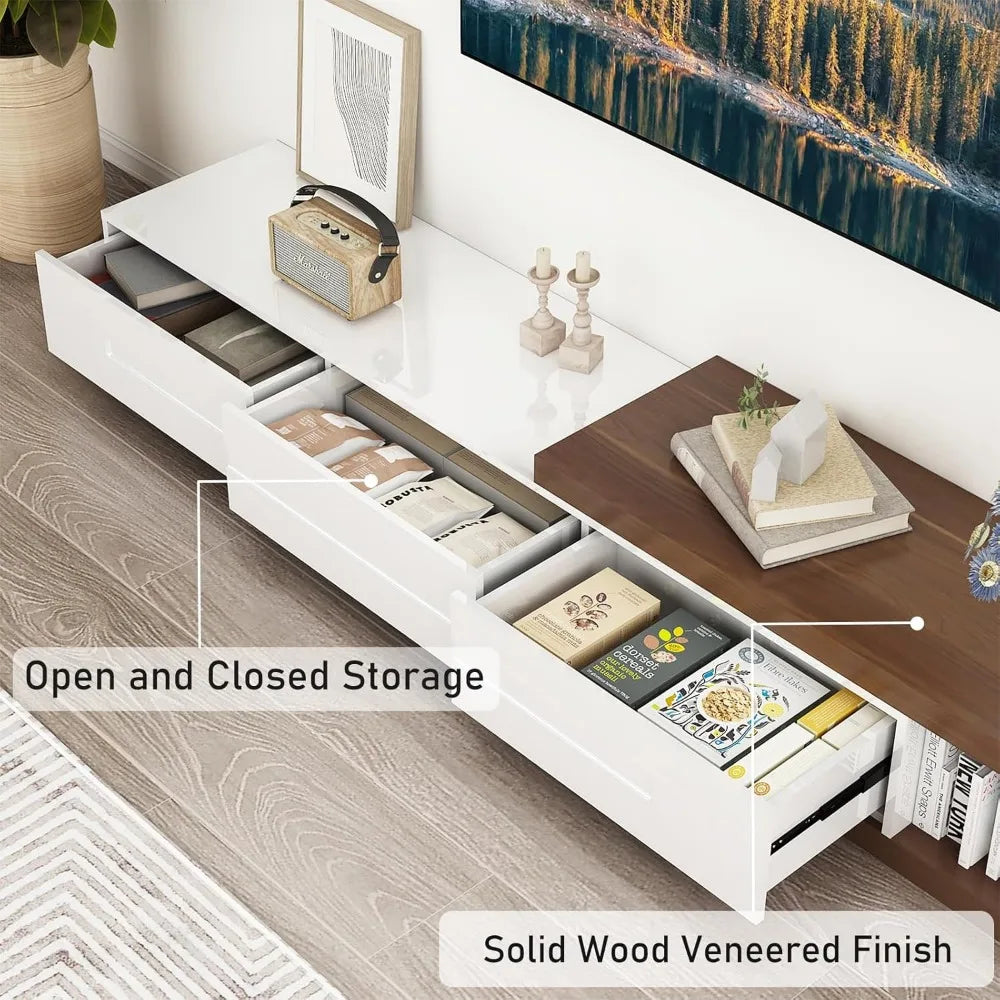 Extendable tv stand modern entertainment center for up to 120 inch wood reversible media console with 3 drawers livi