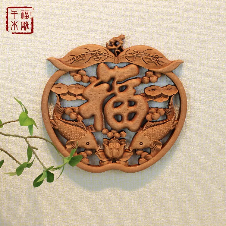 Chinese style wooden wall art camphor wood carving round floral bird decor for living room & bedroom decoration