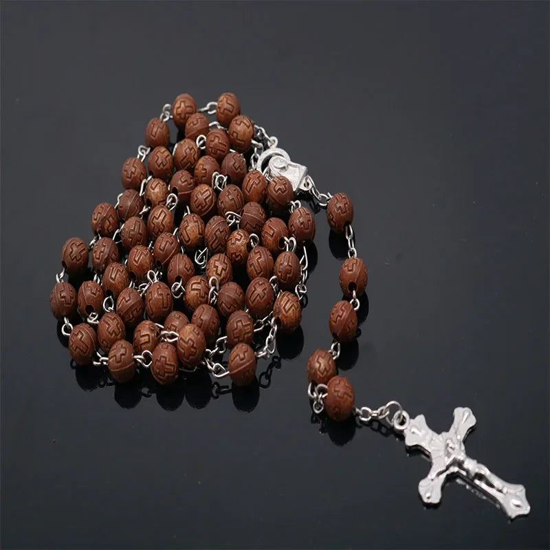 8mm wooden cross bead necklace - c02004 - necklace