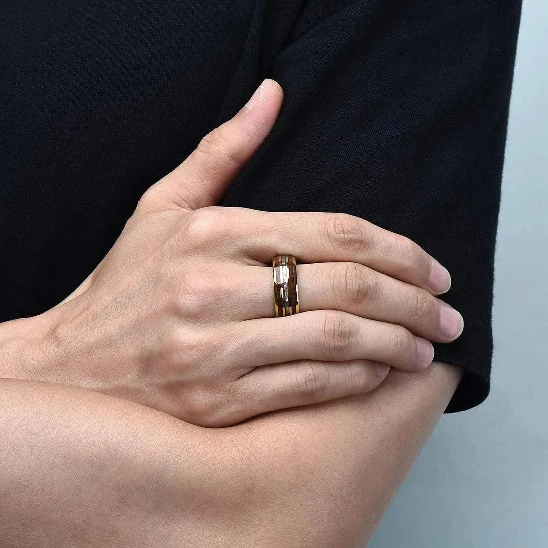 Fashion 8mm rose gold color stainless steel koa wood rings for men inlay colorful abalone shell wedding band jewelry