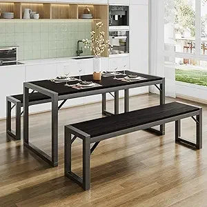 Sha cerlin kitchen dining table set for 4 with benches rustic small space saving dinette heavy duty metal frame