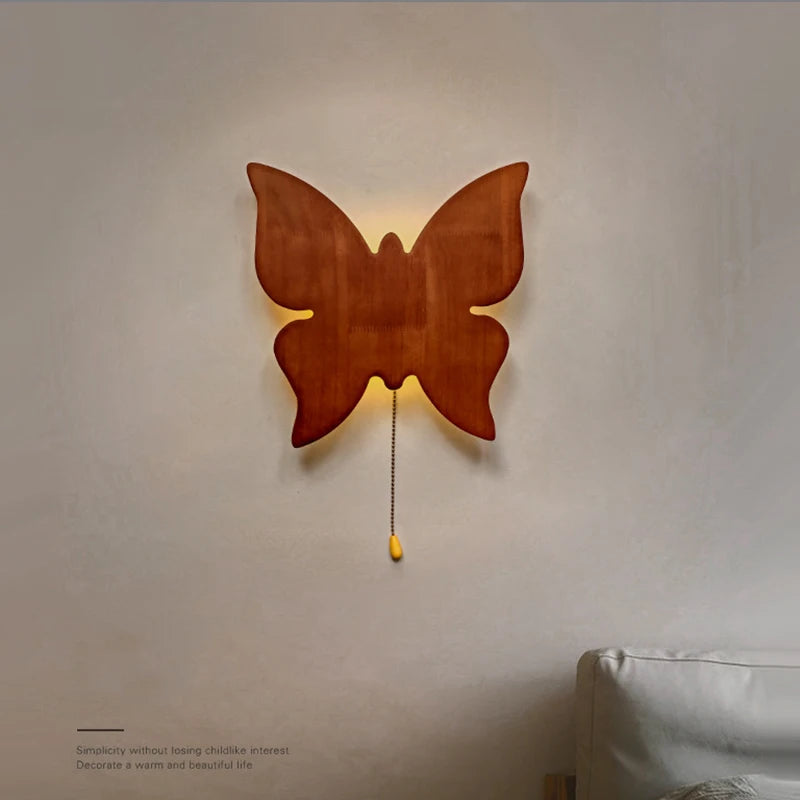 Retro butterfly wall lamps with pull cord switch cloud balloon moon wooden sconces battery charge wireless light