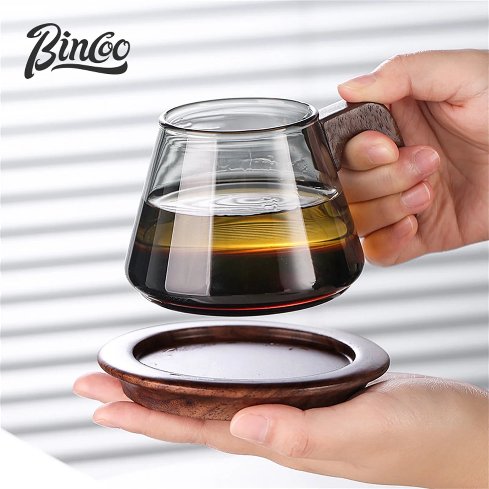 Bincoo 250ml heat resistant glass coffee cup with walnut wooden handle – durable barista latte kitchen espresso