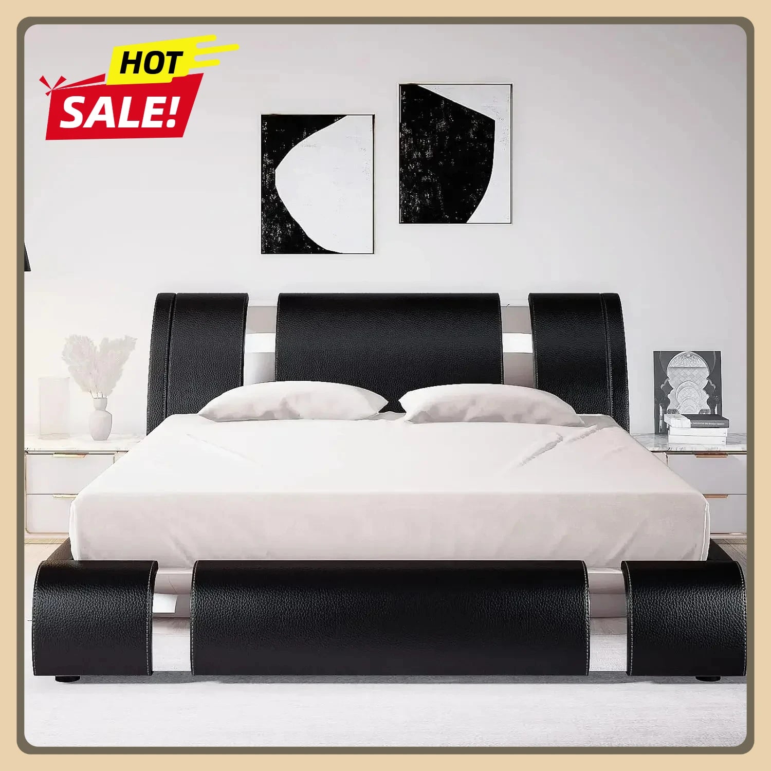 queen-bed-frame-with-iron-piece-decor-faux-leather-headboard-strong-wooden-slats-black-upholstered-platform-bed-adjustable