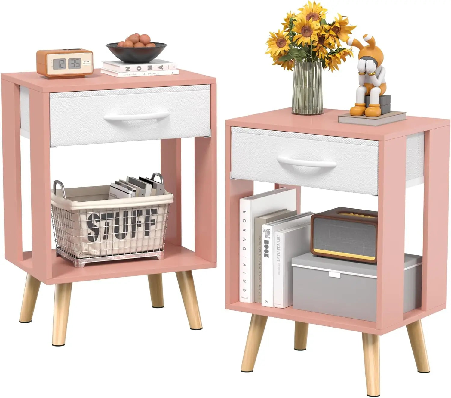 Set of 2 with fabric storage drawer and open wood shelf,side table for bedroom,night stand bedroom - pink / united