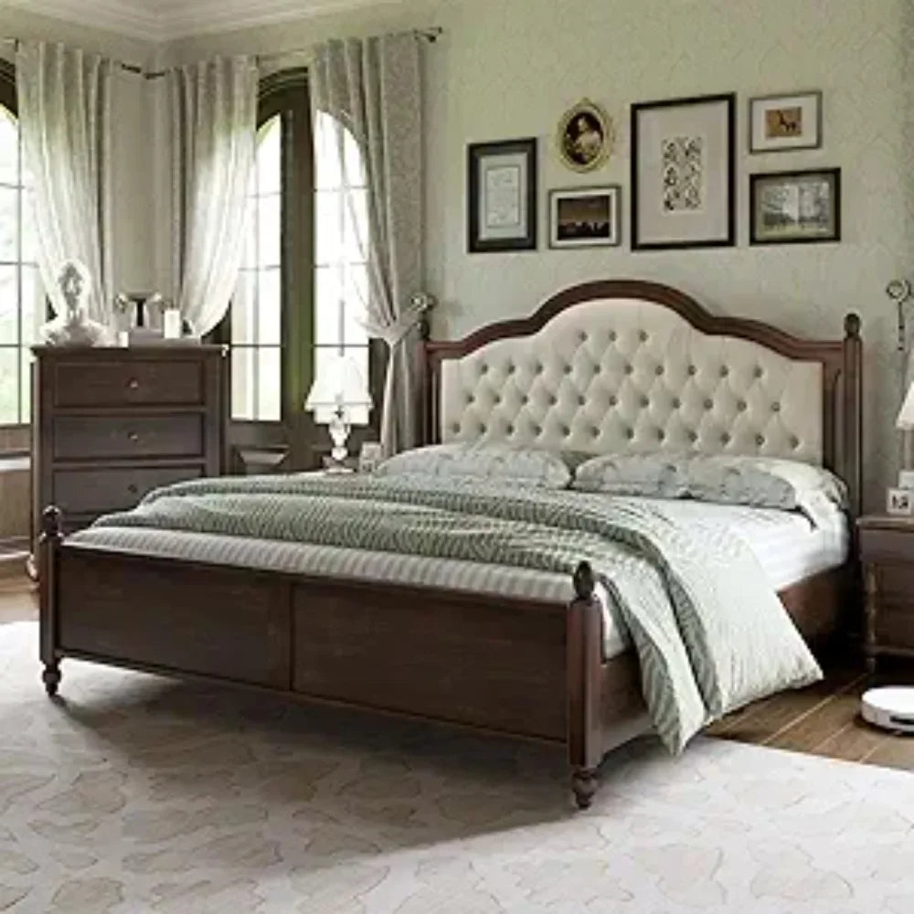 Solid wood bed frame queen size transitional platform with 52.5’’ upholstered tufted headboard rubberwood/roman column