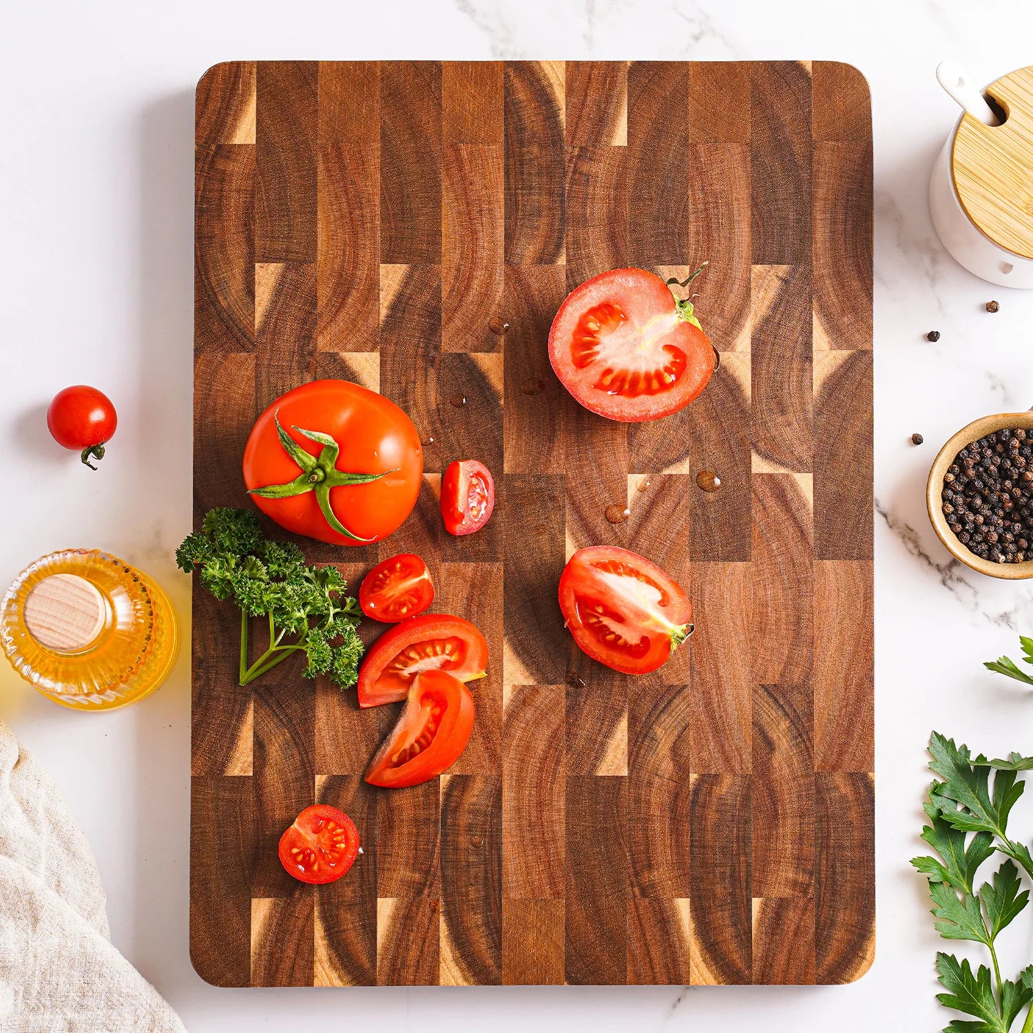High quality 15 inch rectangular cutting board end grain acacia wood chopping with side handle - 390x275x25mm