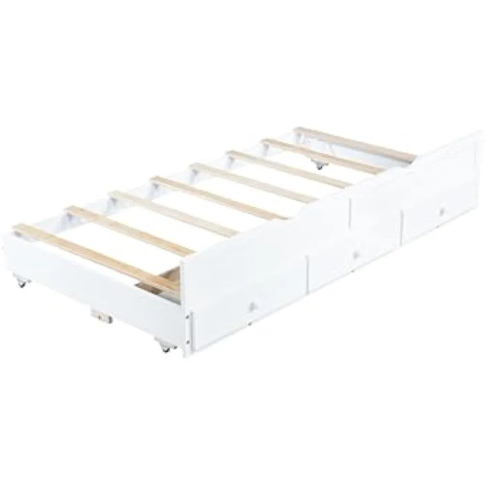 Jyh twin bed with trundle - solid wood daybed frame pull-out & 3 storage drawers headboard and footboard for teens
