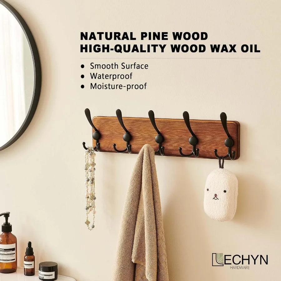 Rustic wooden coat rack wall mount with 5 hooks for farmhouse style entryway or hallway heavy duty hanger natu - united