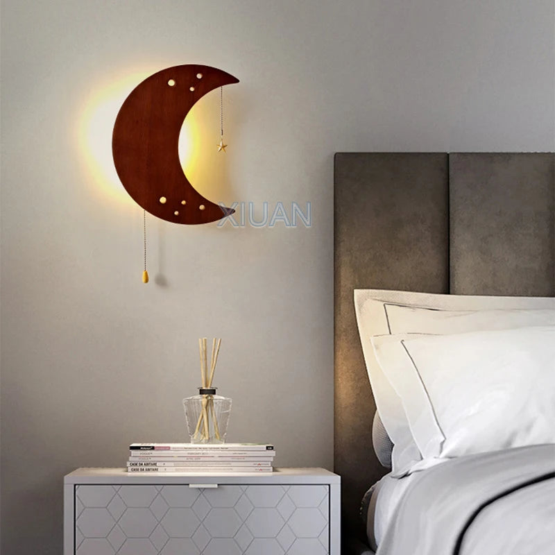 Retro butterfly wall lamps with pull cord switch cloud balloon moon wooden sconces battery charge wireless light