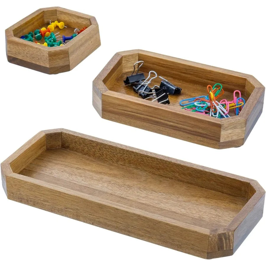 Premium solid acacia wood octagonal desk organizer trays for office and home use 3-piece set with elegant storage