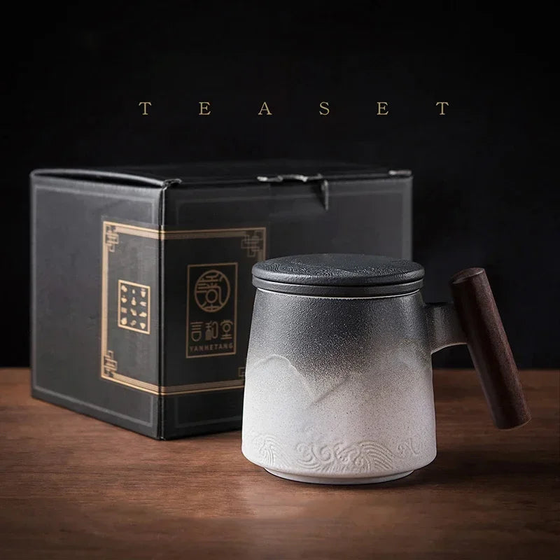Creative tea cups and mugs ceramic mug thermal coffee cup vintage beer water infuser lid wooden handle personalized