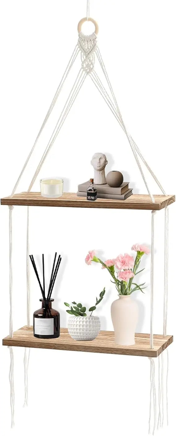 Macrame hanging shelf boho plant 2 tier wall decor wooden shelves cotton rope display photos pla - united states