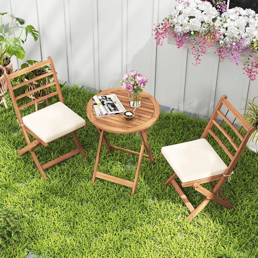 3 pieces acacia wood patio bistro set folding outdoor table and chairs with cushions furniture for porch - united states