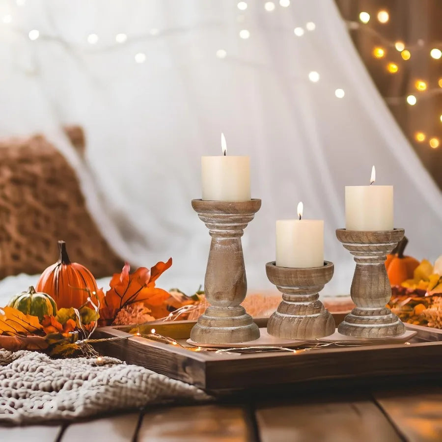 Candle holder for pillar set of 3 farmhouse wood rustic wooden stand vintage small candlesti - united states