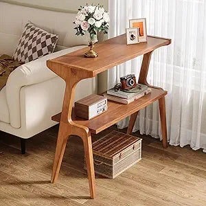 Tribesigns narrow side table 2-tier solid wood end with storage modern tall couch for living room slim bedsi - walnut