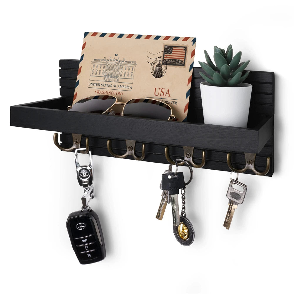 Wooden key holder for entryway decor wall mounted mail organizer and hanger with 4 hooks rustic rack keys sunglasses