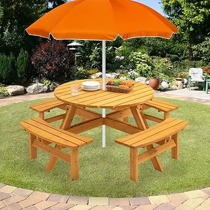 10-person solid wood picnic table outdoor round and bench set with umbrella hole outside wooden chairs s - united
