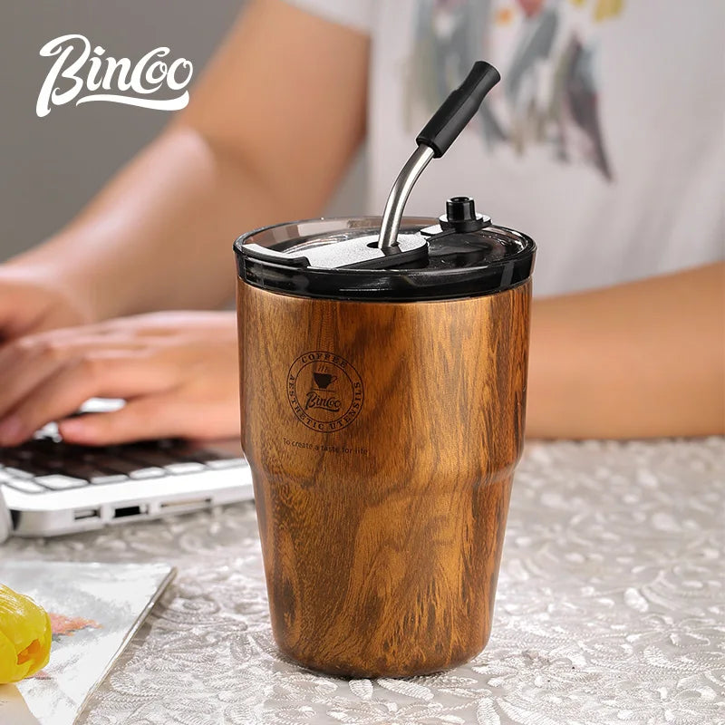 Bincoo thermal flask insulated coffee cup 580ml water mug with straw leakproof wood stripe bottle ceramic liner