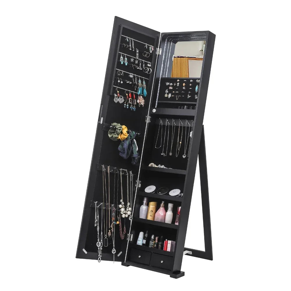 79 blue led jewelry cabinet storage upright with long mirror（black） - black