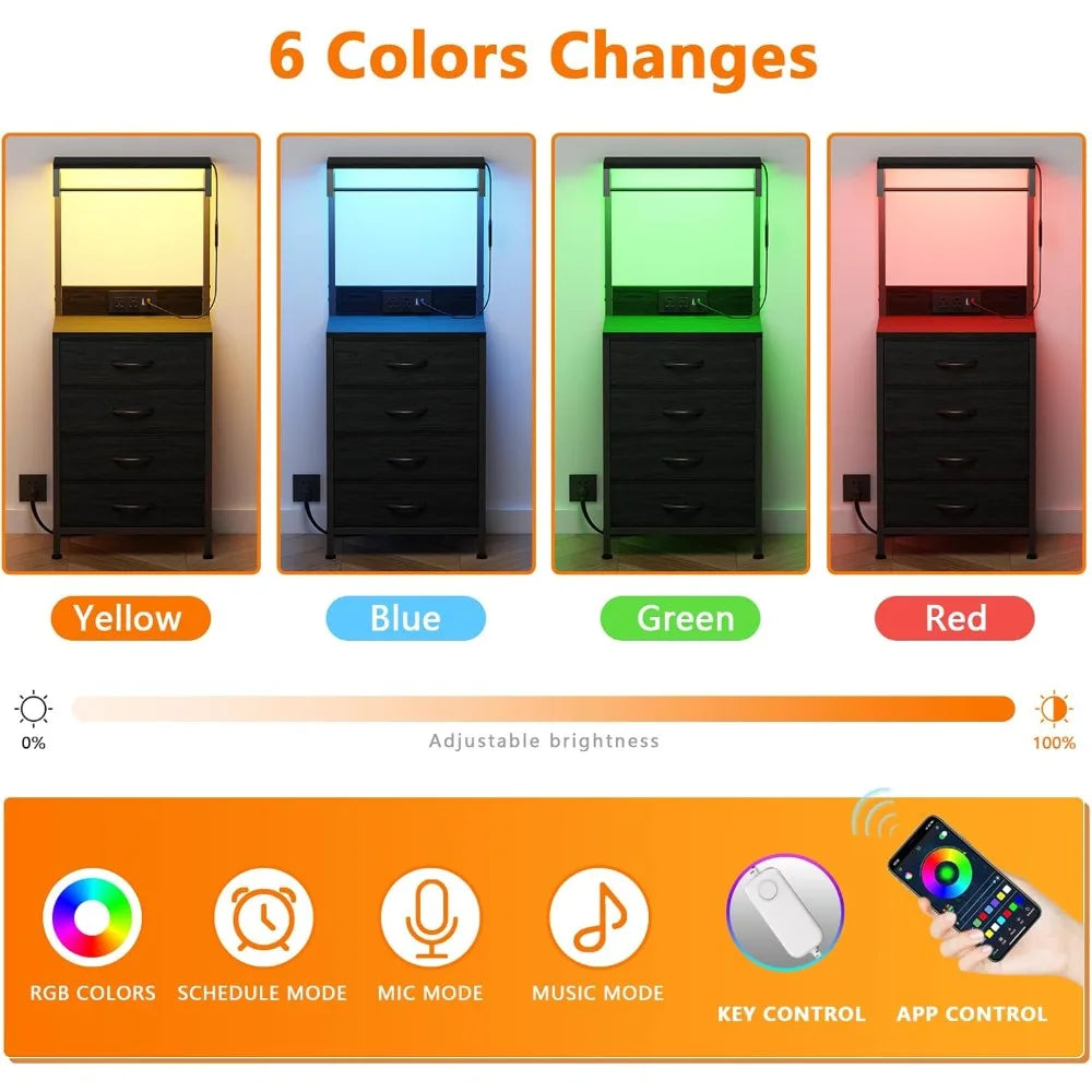 Tall nightstand with charging station night stands led lights and storage shelves bed side table for bedroom hallway